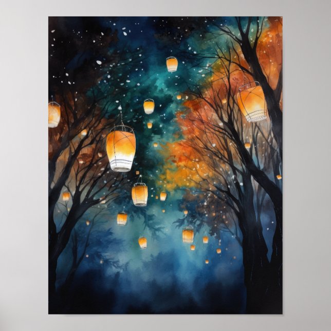 Chinese Paper Lanterns Landscape Art Print Poster (Front)