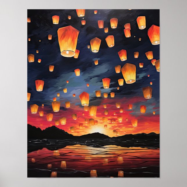 Chinese Paper Lanterns Landscape Art Print Poster (Front)