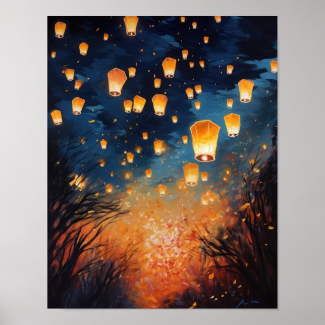 Chinese Paper Lanterns Landscape Art Print Poster (Front)