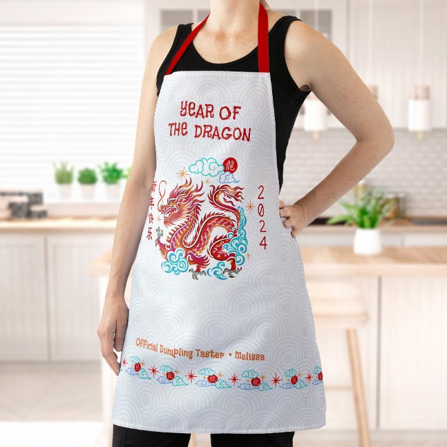 Chinese Papercut Red Dragon Lunar New Year 2024 Apron (LINK FOR 2026 YEAR OF THE HORSE: www.zazzle.com/collections/119527212422228266)