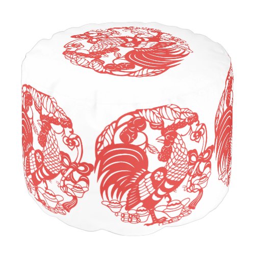 Chinese Papercut Rooster Year 2017 Round Pouf
