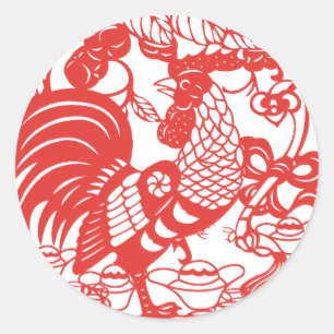 Chinese Papercut Rooster Year Zodiac Birthday RS Classic Round Sticker