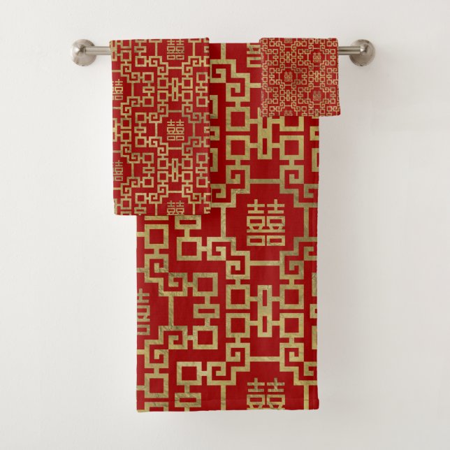 Chinese Pattern Double Happiness Symbol Bath Towel Set (Insitu)