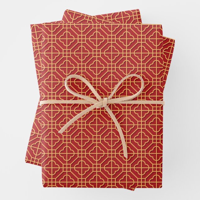 Chinese Pattern Red and Gold Wrapping Paper Sheets (In situ)