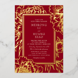 Chinese Peonies Wedding Foil Invitation