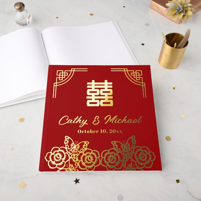 Chinese peony flower butterfly wedding papercut  foil guest book  (Front Open)