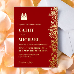 Chinese peony flower butterfly wedding papercut foil invitation