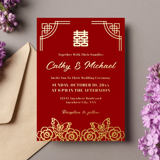 Chinese peony flower butterfly wedding papercut foil invitation (Creator Uploaded)