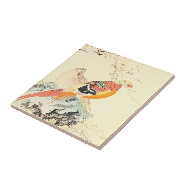 Chinese Pheasants Imao Keinen birds and sakura Tile (Side)