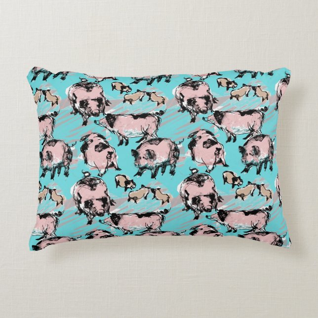 Chinese Pig Year 2019 Original drawing Blue Accent Pillow (Front)