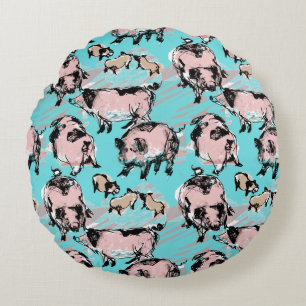 Chinese Pig Year 2019 Original drawing Blue Round Pillow