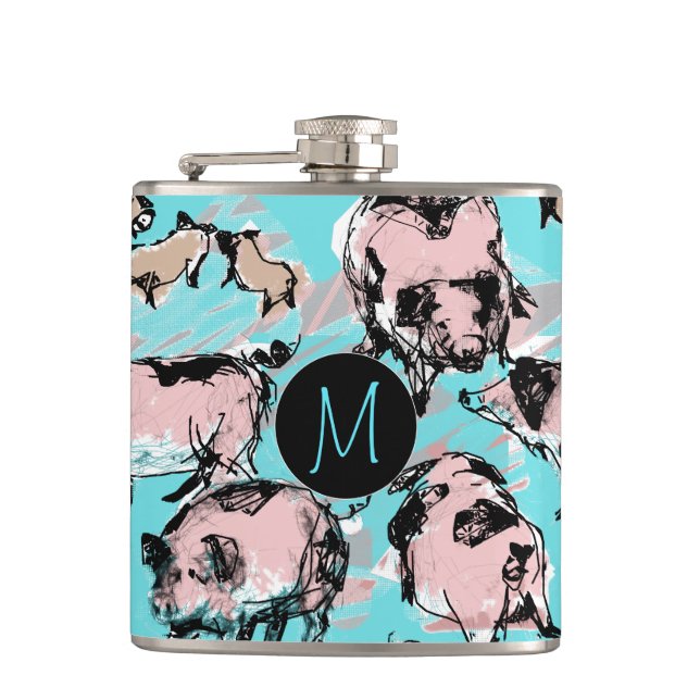 Chinese Pig Year Birthday Original Monogram Blue F Flask (Front)
