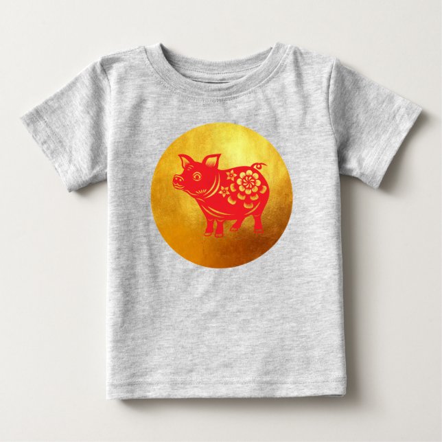 Chinese Pig Year Papercut Red Baby Tee (Front)