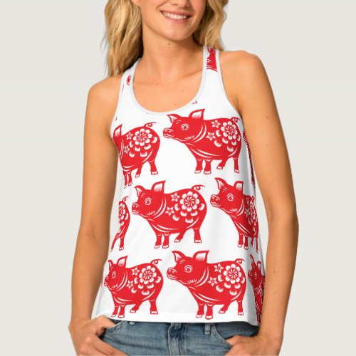 Chinese Pig Year Red Papercut choose color Women T Tank Top