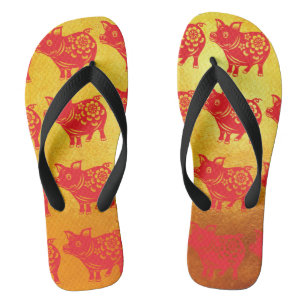Chinese Pig Year Red Papercut Gold Men Flip Flop