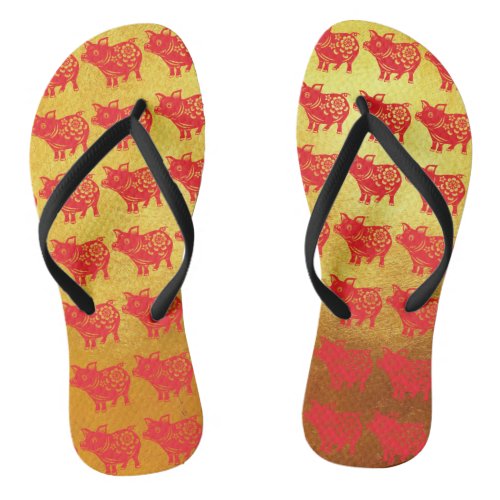 Chinese Pig Year Red Papercut Gold Women Flip Flop