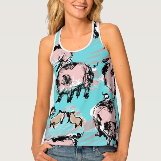 Chinese Pig Year Zodiac Original Blue Women Top (Front)