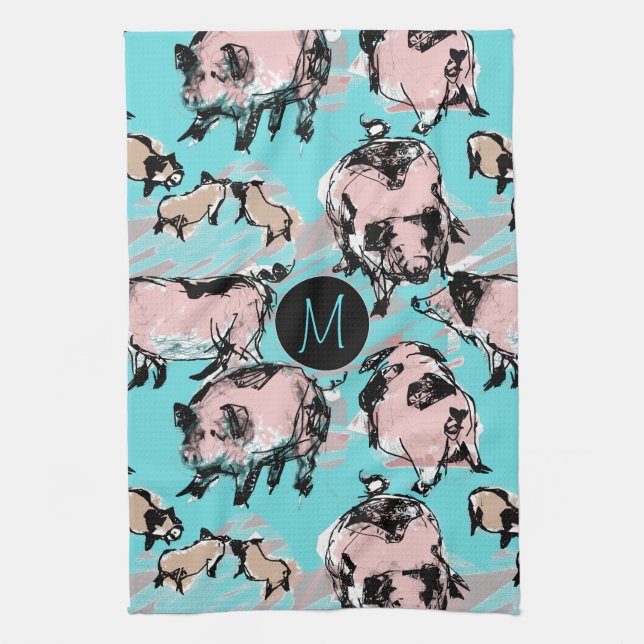 Chinese Pig Year Zodiac Original Monogram Blue K T Kitchen Towel (Vertical)