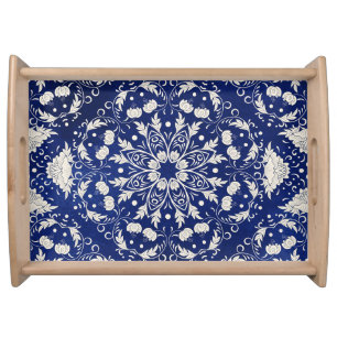 Chinese Porcelain: Blue Watercolor Floral Serving Tray