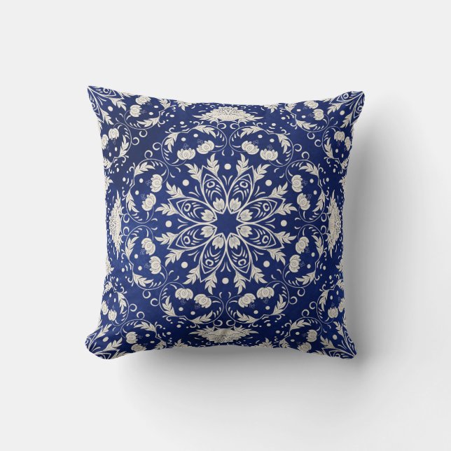 Chinese Porcelain: Blue Watercolor Floral Throw Pillow (Front)
