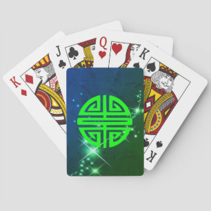 Chinese prosperity symbol green sparkles poker cards