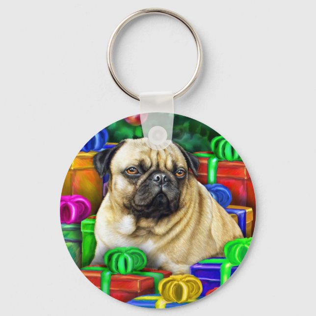 Chinese Pug Christmas Open Gifts NOW Keychain (Front)
