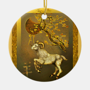 Chinese Ram under Moon and Golden Plum Branches Ceramic Ornament