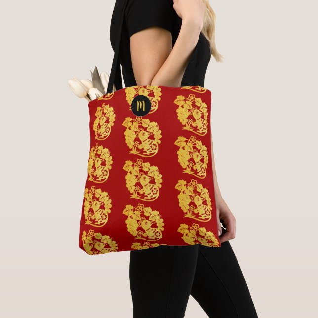 Chinese Rat Year Zodiac Gold Paper-cut Monogram T4 Tote Bag (Close Up)