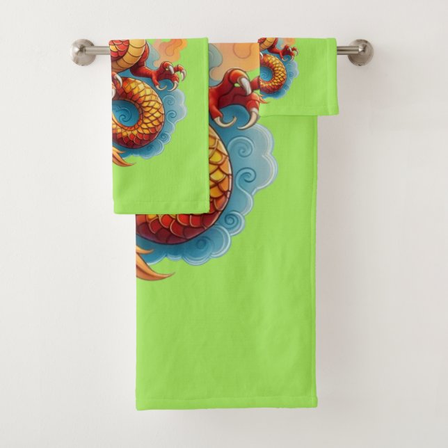 Chinese Red Dragon Fiery Illustration-67561 Bath Towel Set (Insitu)