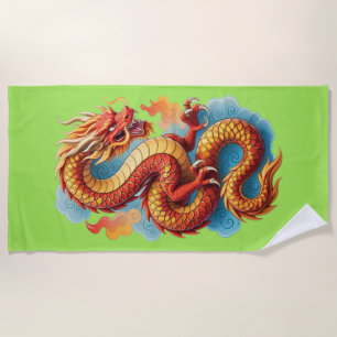Chinese Red Dragon Fiery Illustration-67561 Beach Towel