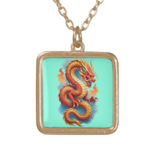Chinese Red Dragon Fiery Illustration-67561 Gold Plated Necklace