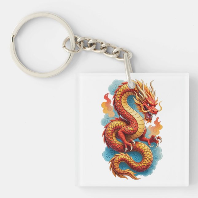 Chinese Red Dragon Fiery Illustration-67561 Keychain (Front)