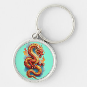 Chinese Red Dragon Fiery Illustration Keychain