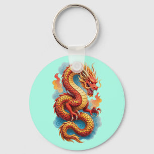 Chinese Red Dragon Fiery Illustration Keychain