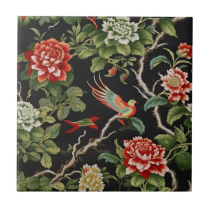 Chinese red green floral pattern tile