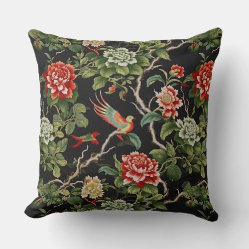 Chinese red green floral Throw Pillow