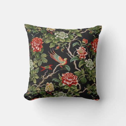 Chinese red green floral Throw Pillow