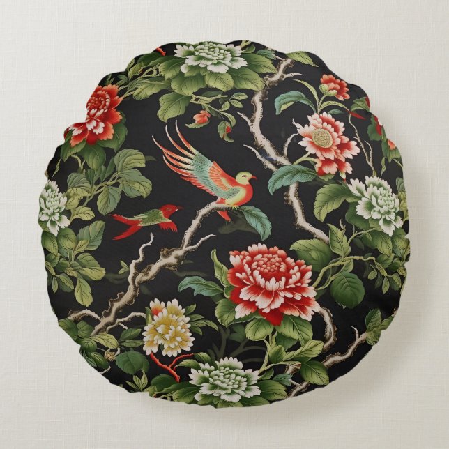 Chinese red green pattern round pillow (Front)