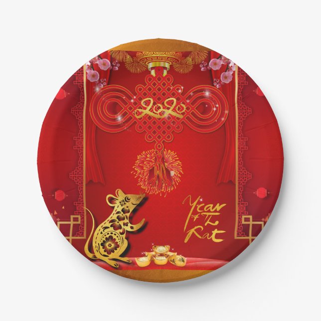 Chinese Red Knot Rat Year 2020 Party Paper Plate (Front)