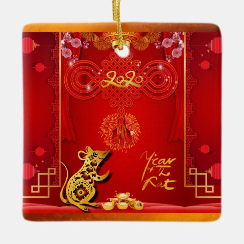 Chinese Red Knot Rat Year 2020 Square CO Ceramic Ornament