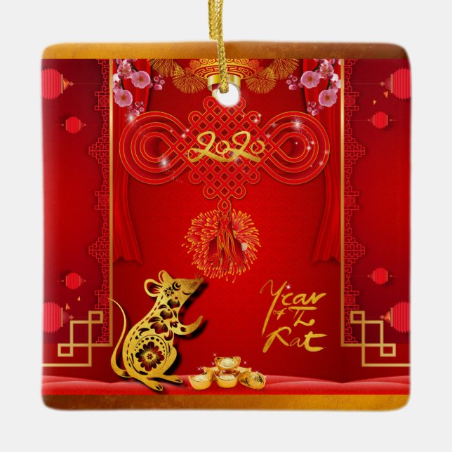 Chinese Red Knot Rat Year 2020 Square CO Ceramic Ornament (Front)