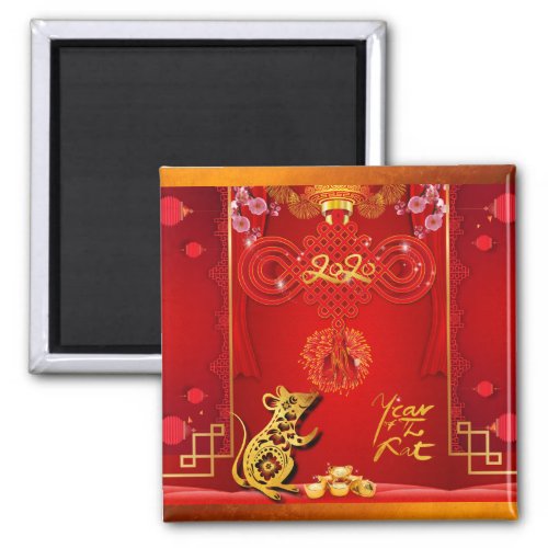 Chinese Red Knot Rat Year 2020 Square Magnet