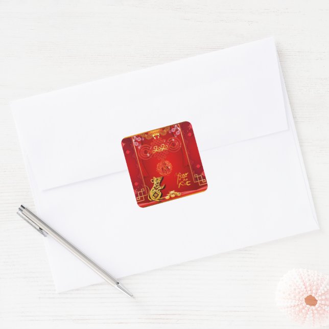 Chinese Red Knot Rat Year 2020 Square Sticker (Envelope)