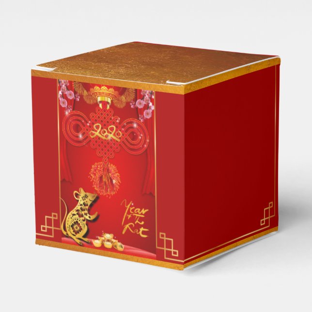 Chinese Red Knot Rat Year Cube Favor Box (Front Side)