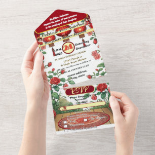 Chinese Red Lantern Ancient Building Wedding Gown All In One Invitation