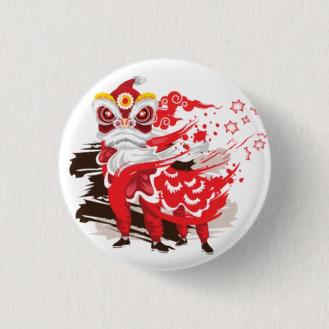 Chinese Red Lion Dancer Illustration Button (Front)
