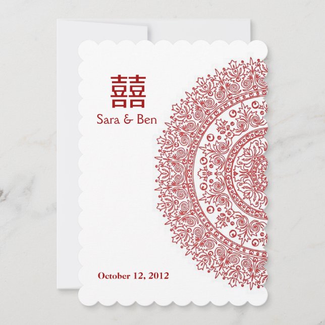 Chinese Red Porcelain Double Happiness Wedding Invitation (Front)