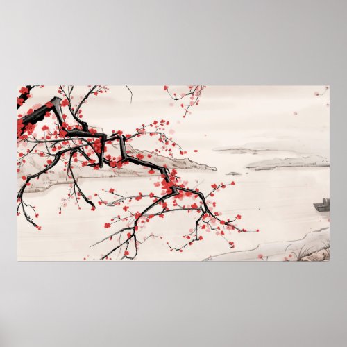 Chinese Riverside Plum Blossom Ink Painting Poster