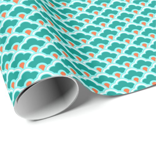 Chinese Scallops Teal Aqua and Coral Wrapping Pa Wrapping Paper