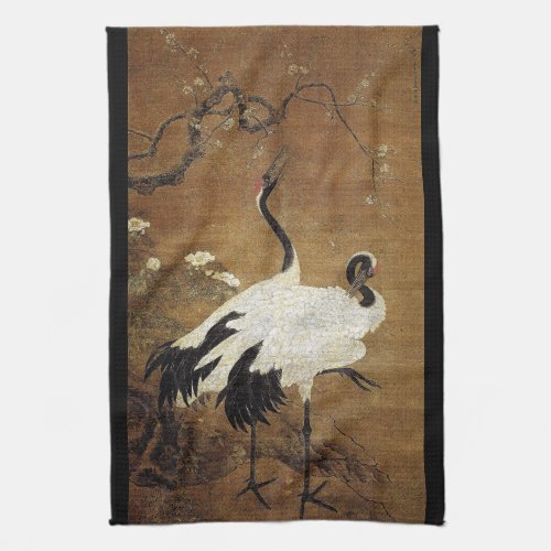 Chinese Scroll Art Crane Bird Floral Kitchen Towel